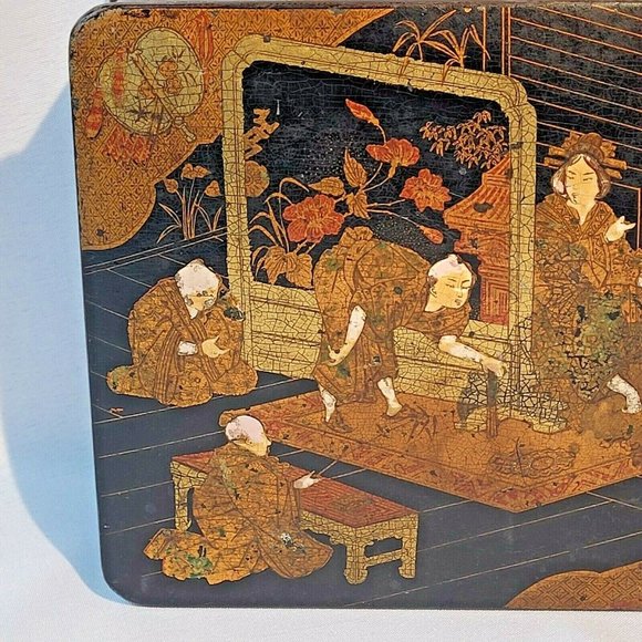 Japanese Antique Papier Mache Lacquer Painted Trinket Box Meiji Period 19th Cent - Picture 3 of 10